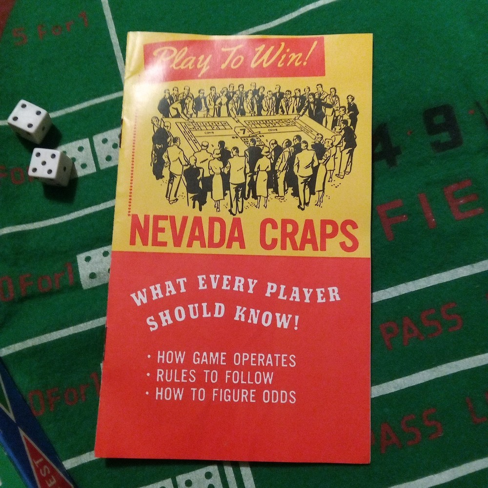 Vtg. E.S. Lowe Nevada Craps Layout Cloth, Dice, Book.