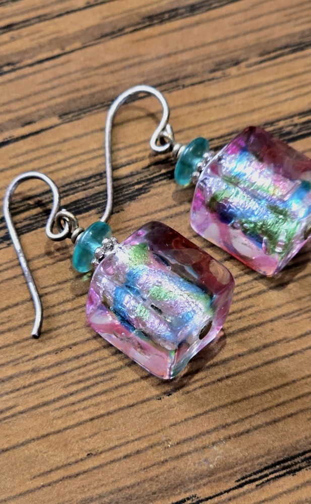 Dichro Glass Cube Pendant Earrings Handcrafted