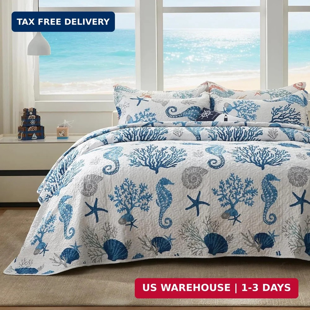 Coastal Quilt Set Full/Queen Size - Lightweight Microfiber Reversible Be