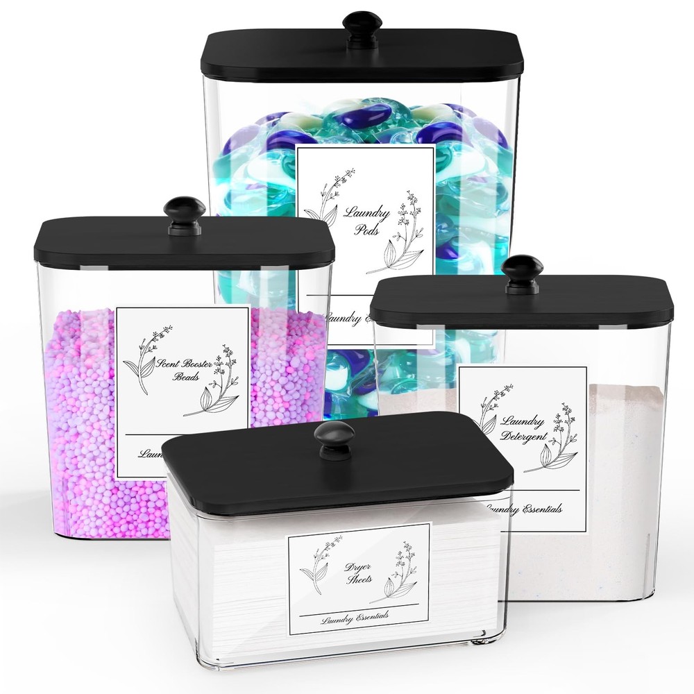 4 Pack Clear Laundry Pods Container & Dryer Sheet Holder, Plastic Square Laun...