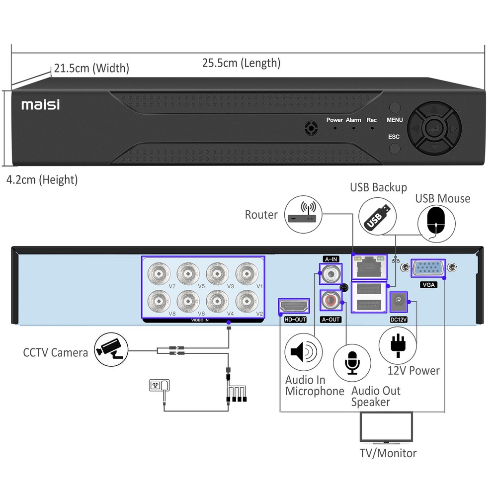 H.265+ 8CH 5MP Lite DVR Record with 500GB Hard Drive for Security Camera System