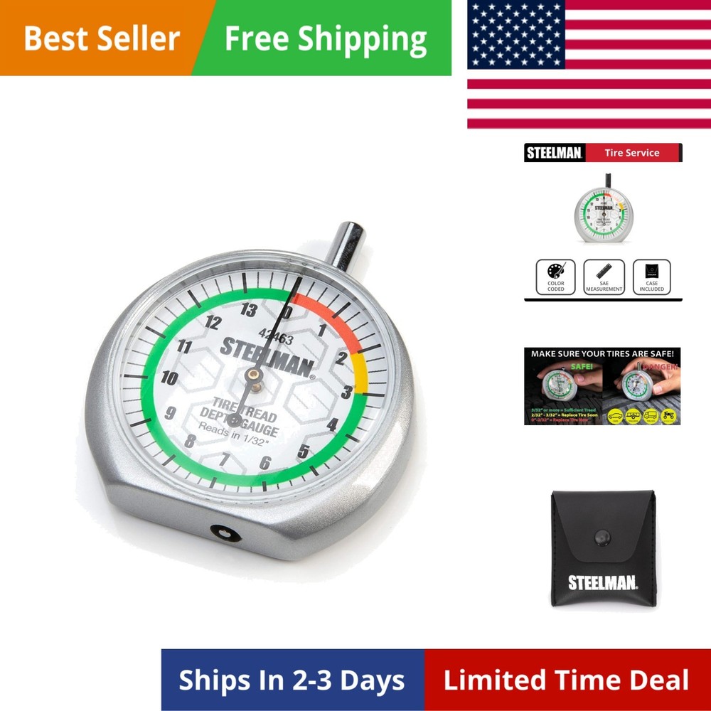 Dial-Type Color-Coded Tread Depth Gauge, Identifies Tire Wear, Durable Powder...