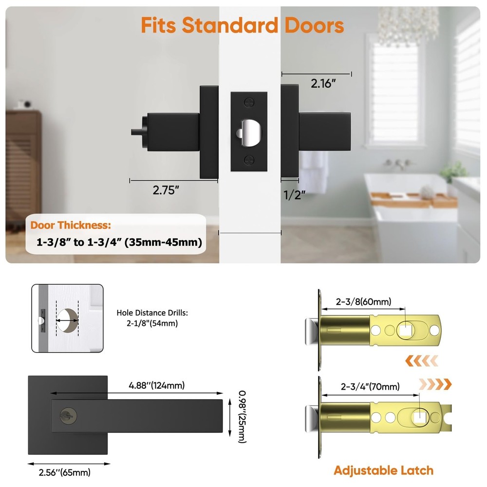 Matte Black Door Handle, Door Knobs with Lock and Key, Interior & Exterior Do...