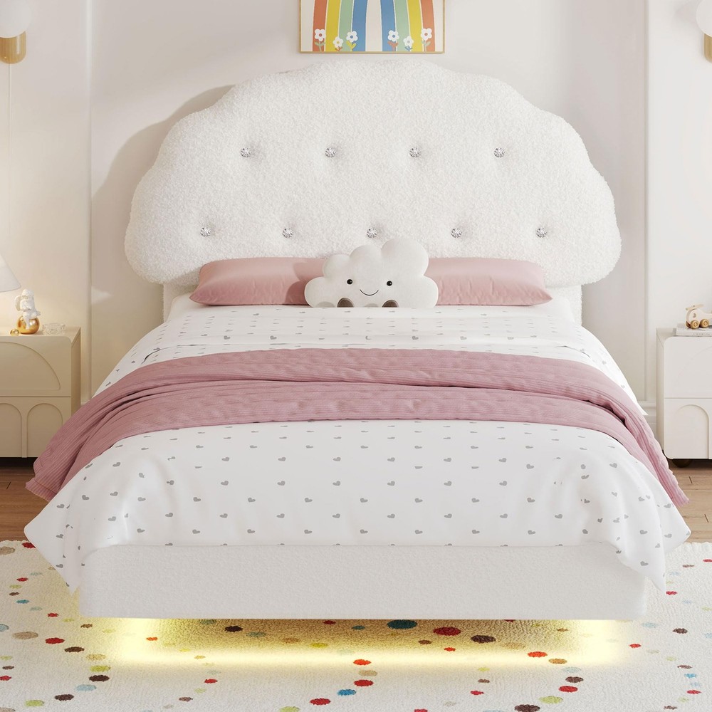 Cookie Full Upholstered Bed Frame with LED Lights, Floating Bed Frames with A...