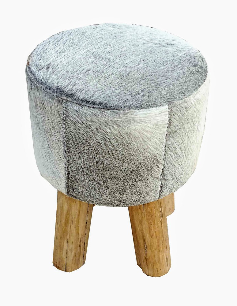 JONI Stool and Pouf in Grey Cowhide