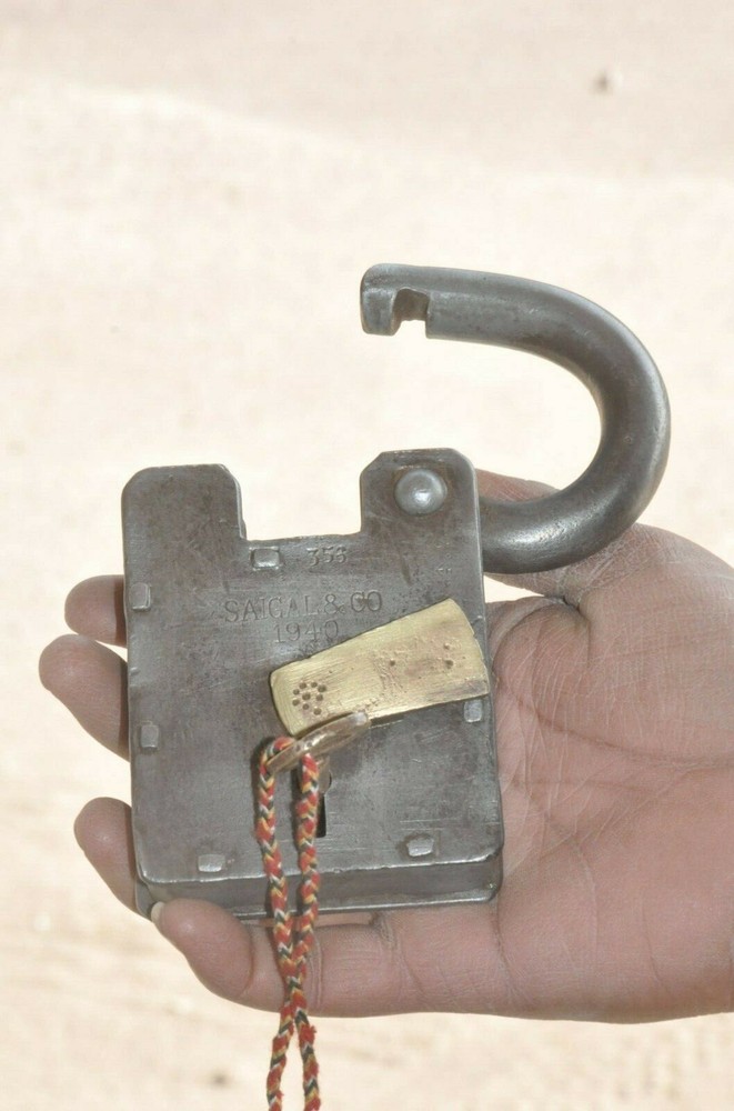 Vintage Iron Handcrafted Square Shape 1940 Saigal & Co. Solid Heavy Padlock