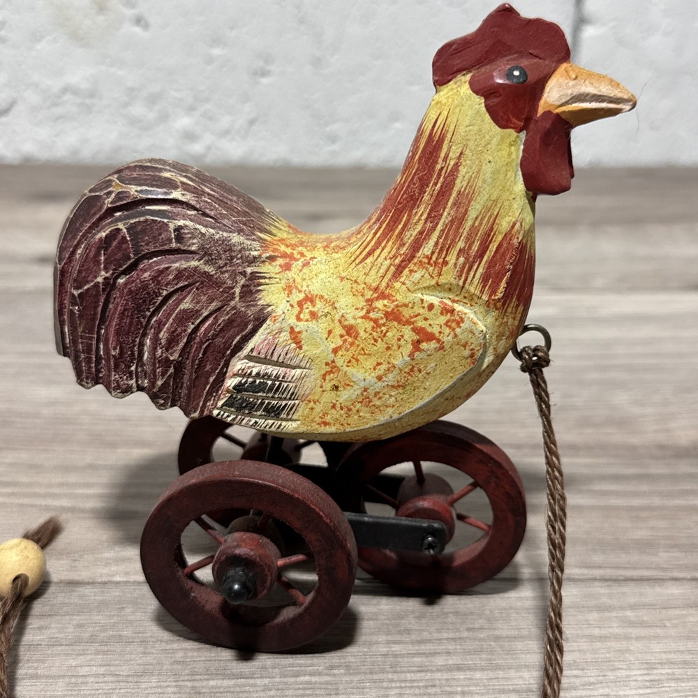 Vtg Wooden Chicken On Wheels Pull Toy