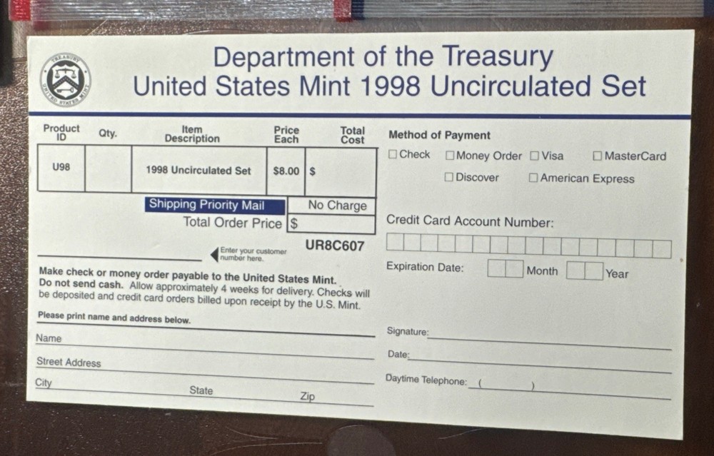 1998 U.S. Mint Set ~ 10 Coins ~ P & D ~ Uncirculated Gov't Packaging