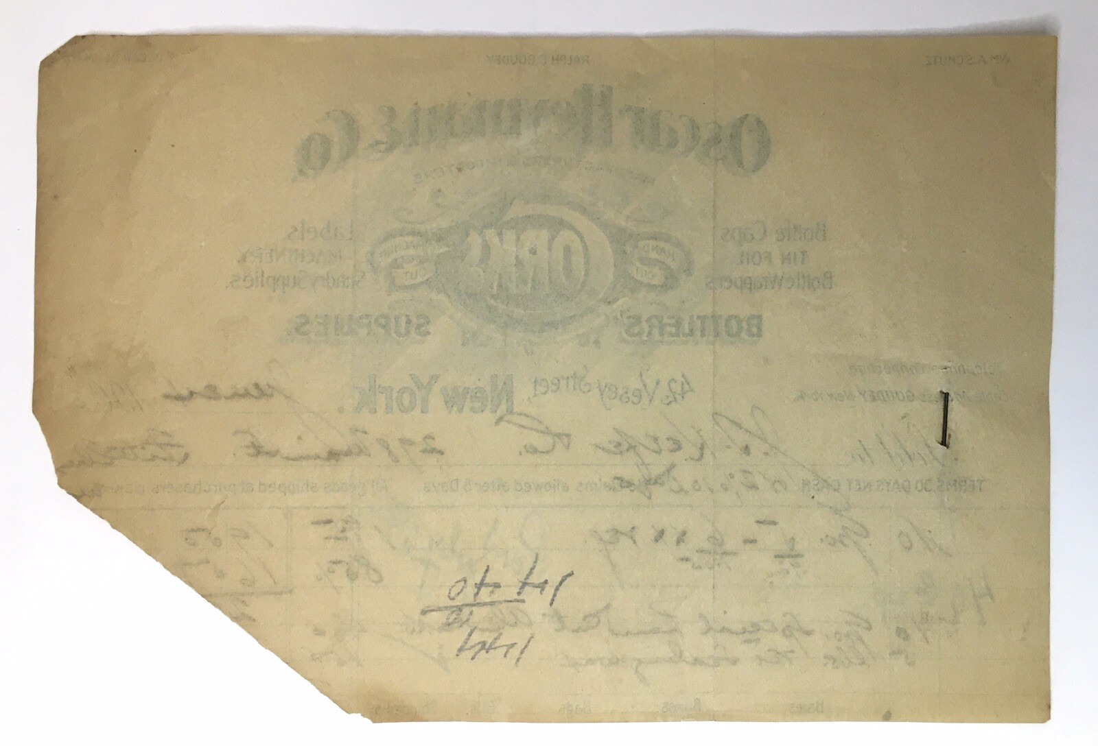 Oscar Heyman & Co. Bottlers Corks Labels Sundry Supplies 1900 Billhead New York