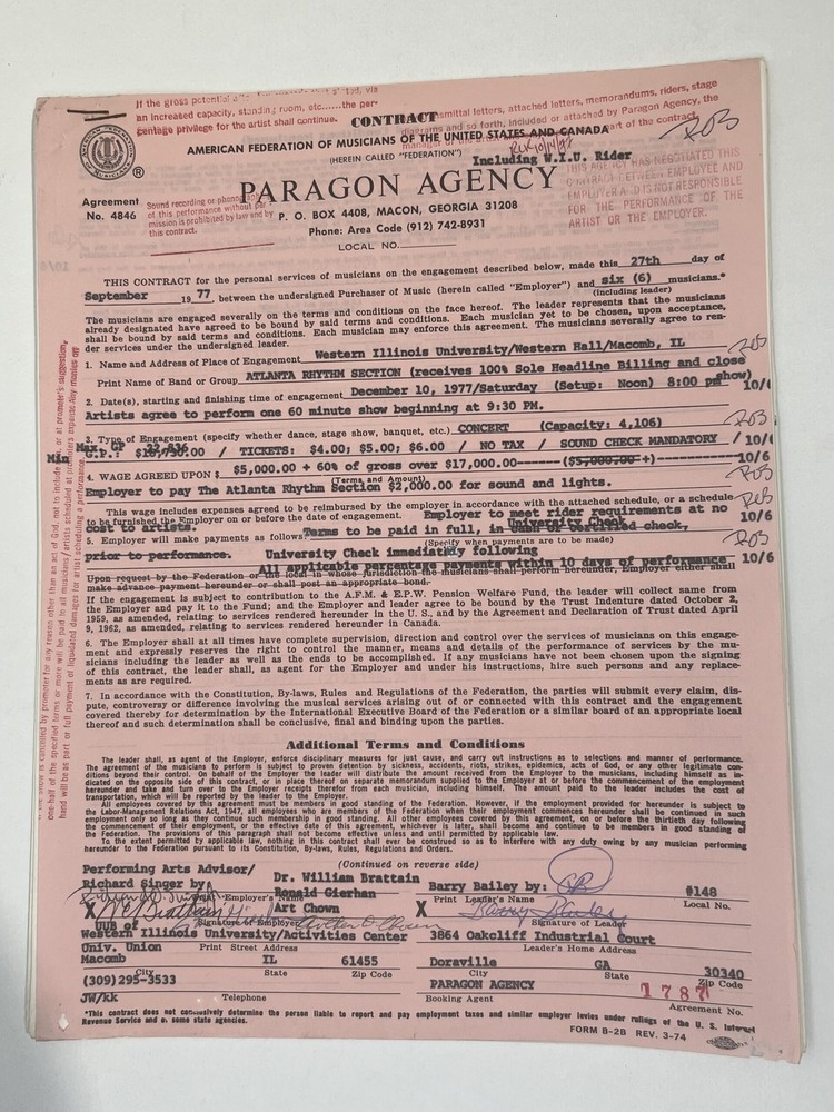 The Atlanta Rhythm Section Concert Contract 1977 Macomb IL