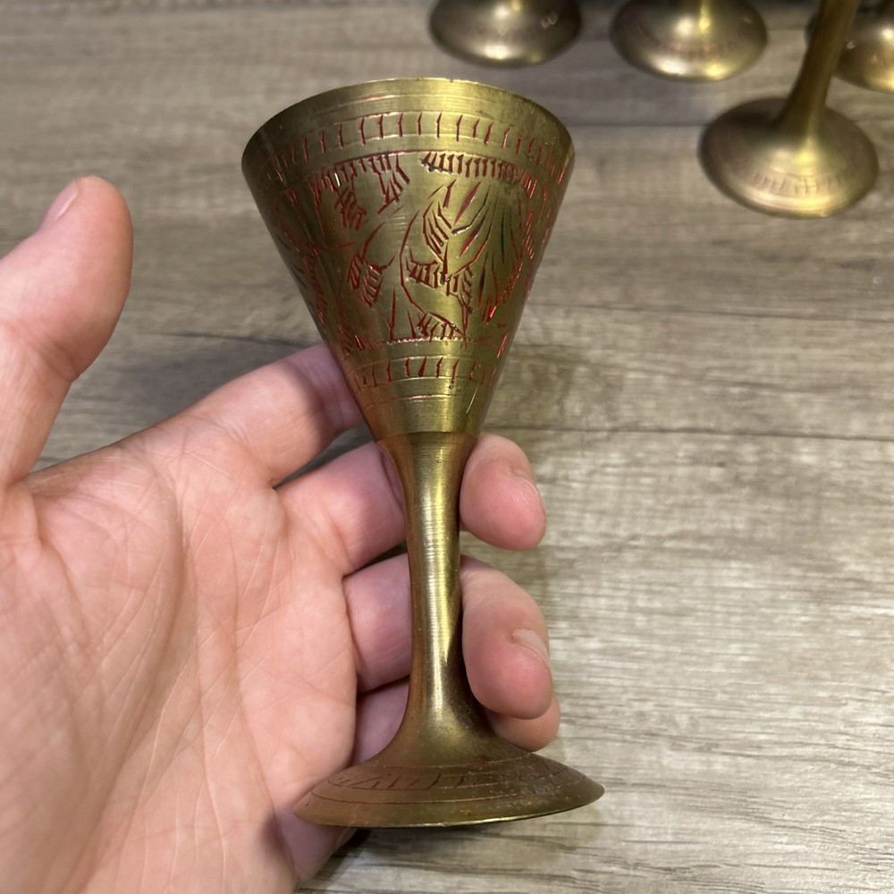 Etched Brass Wine Goblet India Table Top Decor Vintage Beware 5 Small Solid Cups