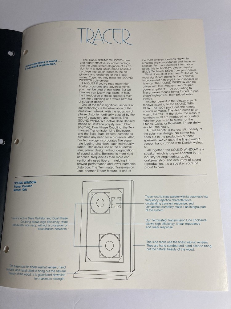 Tracer BML Sound Window Planar Column Model 1001 Brochure