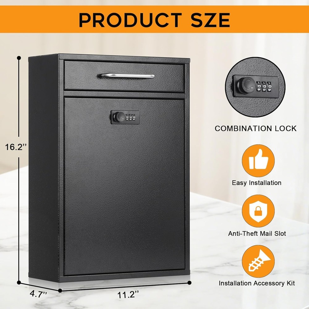 xydled Wall Mount Mailboxes with Combination XL Large, Black Lock
