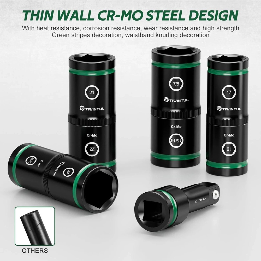 1/2" Lug Nut Socket Set, 5Pcs Impact Flip Socket Set, CR-MO Steel, 6-Point,