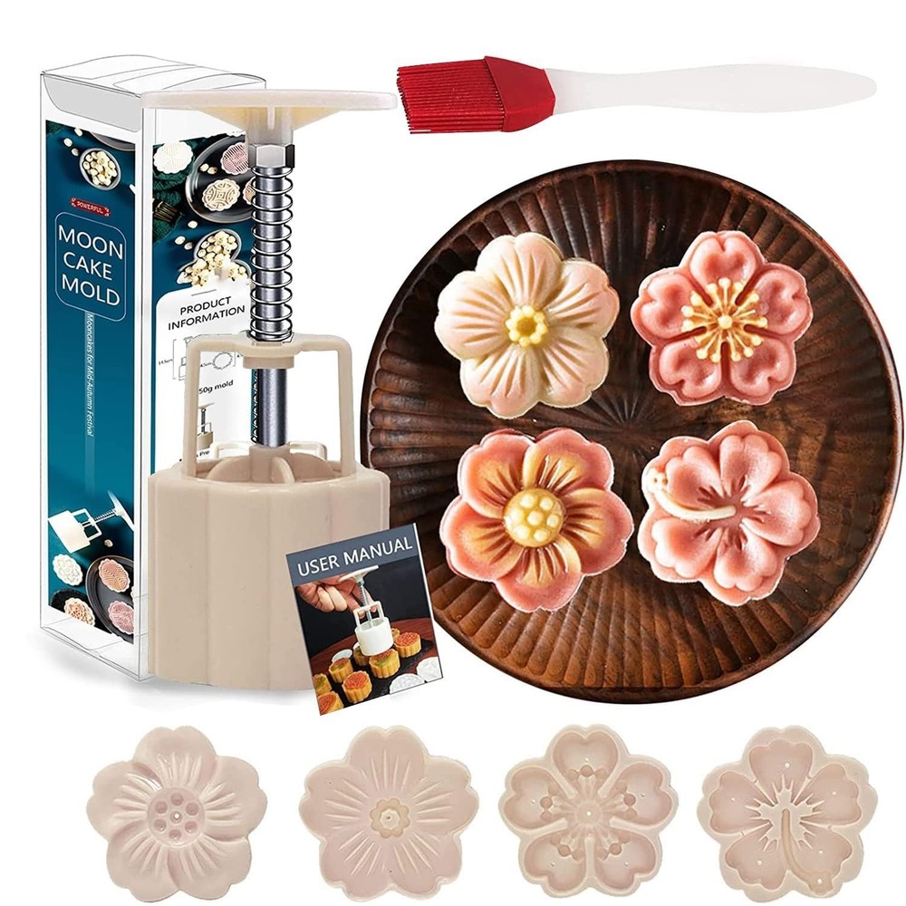 Powerful Mooncake Mould 50g-4Pcs White Press Flower