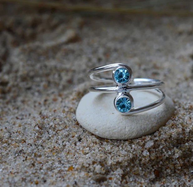 Solid 925Sterling Silver Blue Topaz Crystal Gemstone Toi Et Moi Bypass Wrap Ring
