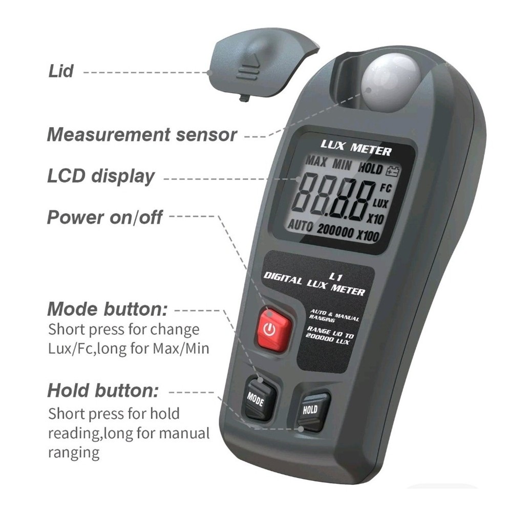 Digital Light Meter Illuminance Tester Luxmeter Illuminometer Auto Shutdown LCD
