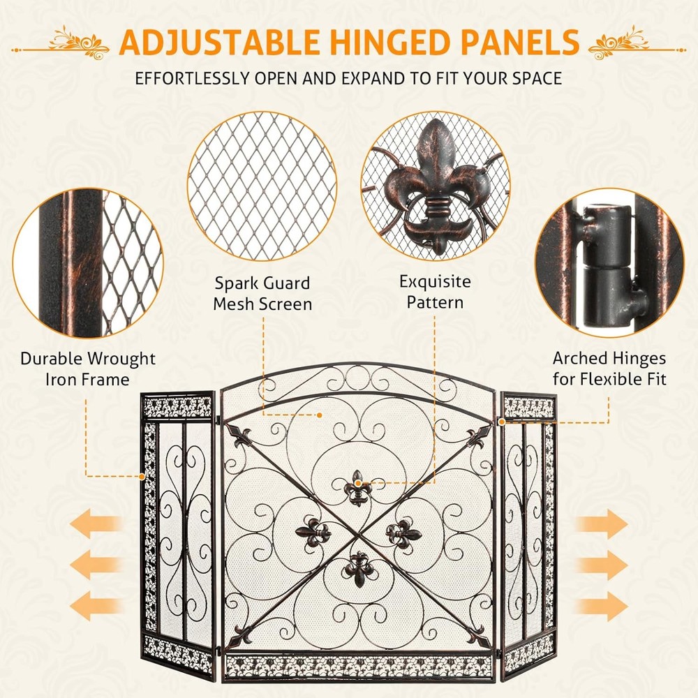WICHEMI 3 Panel Fireplace Screen for Fireplace Gate Decorative Fireplace Screens