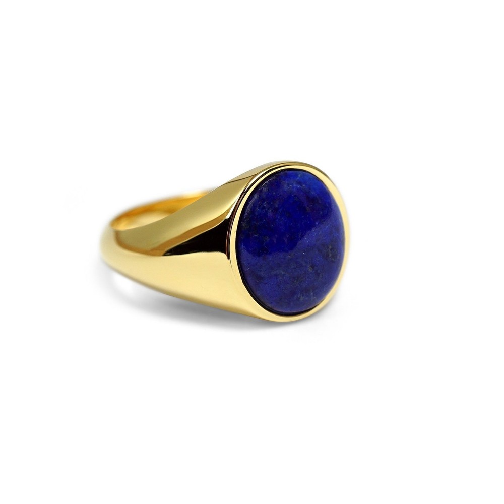 Gold Plated Signet Ring Featuring Deep Blue Lapis Lazuli Gemstone – Classic Stat