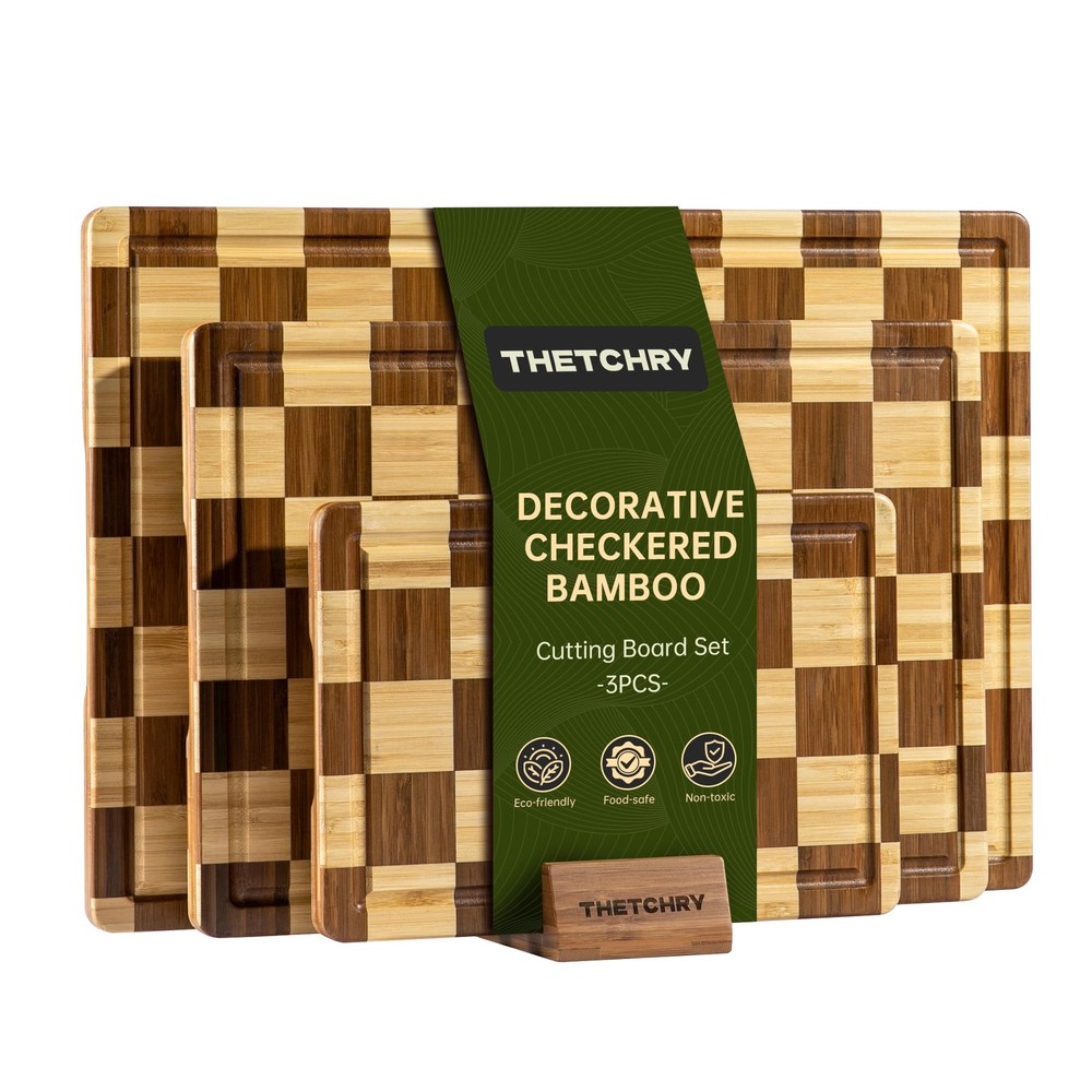 3 Pack Checkered Cutting Board Set, Decorative End Grain Thick Wood Cutting B...