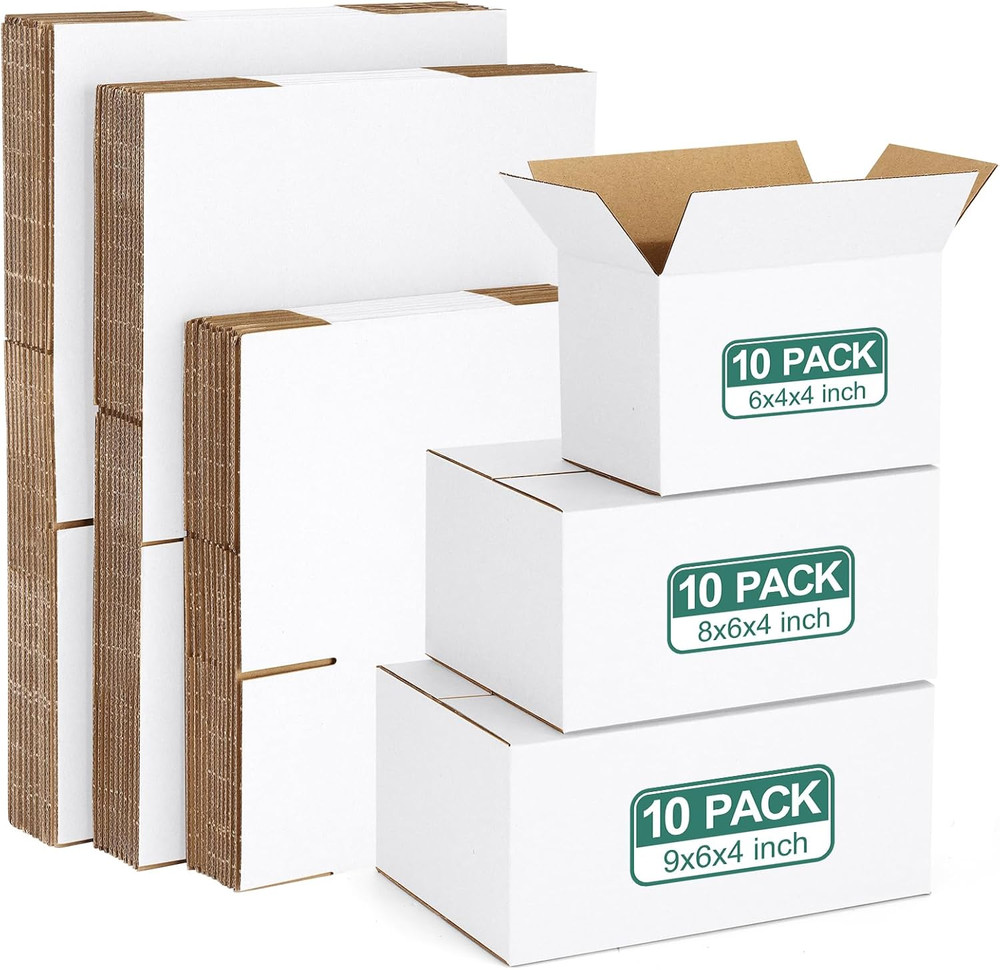 30 Pack Small Shipping Boxes Assorted Sizes, White Corrugated Box Mailers, Cardb