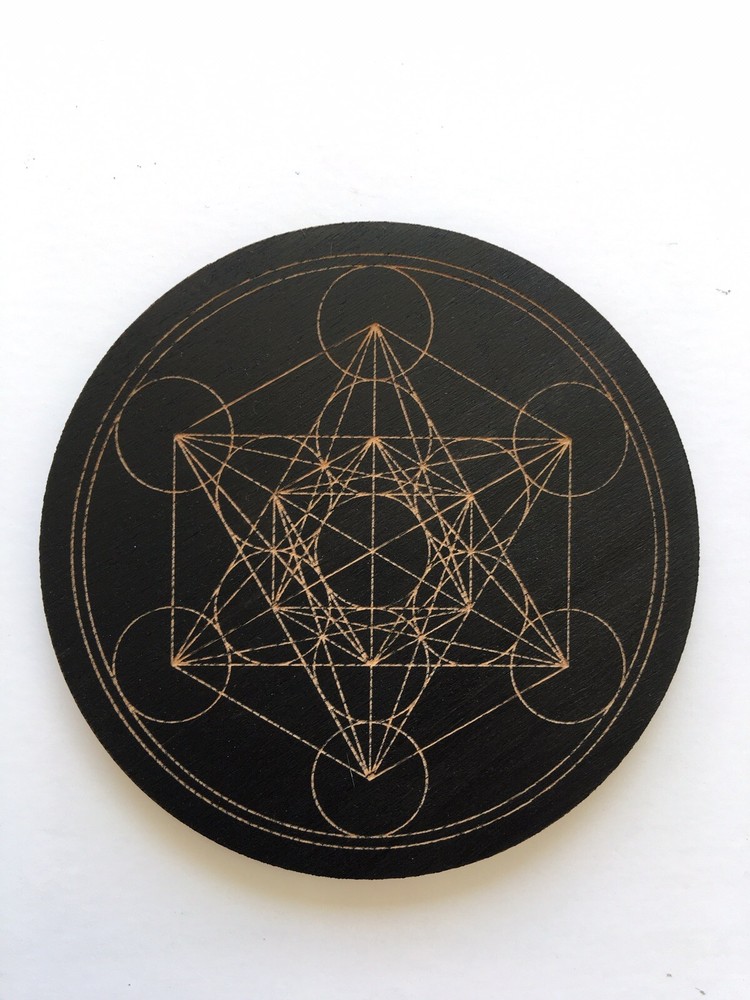 6” Metratrone’s Cube Crystal Grid Stained Black Laser Engraved