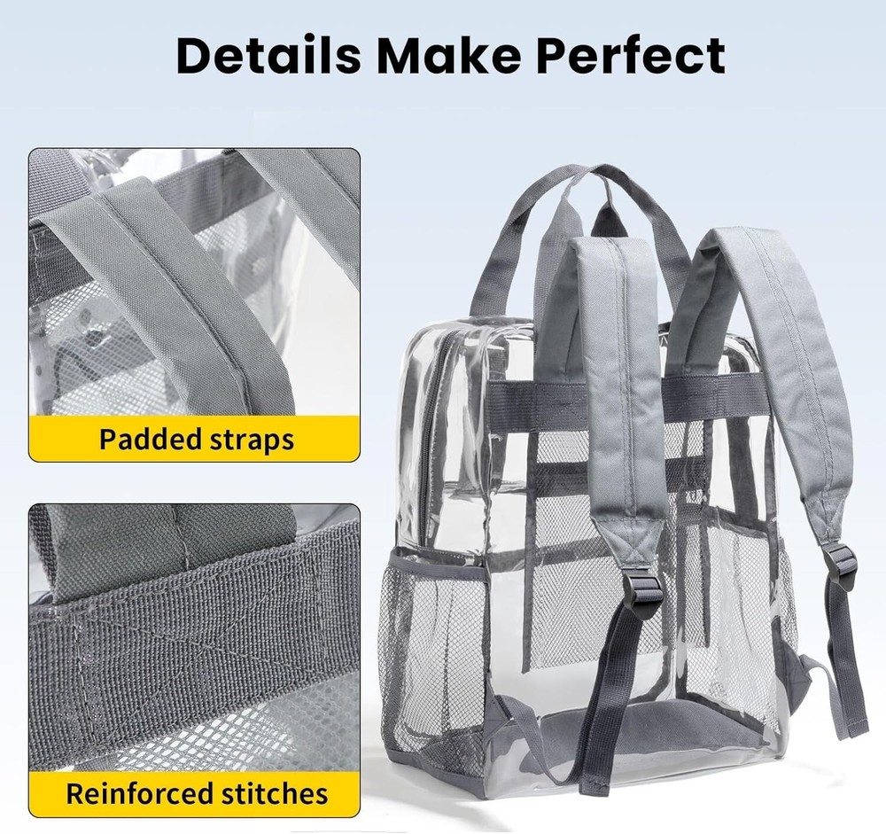 Vorspack Clear Backpack Heavy Duty - Large Book Bag with Grey