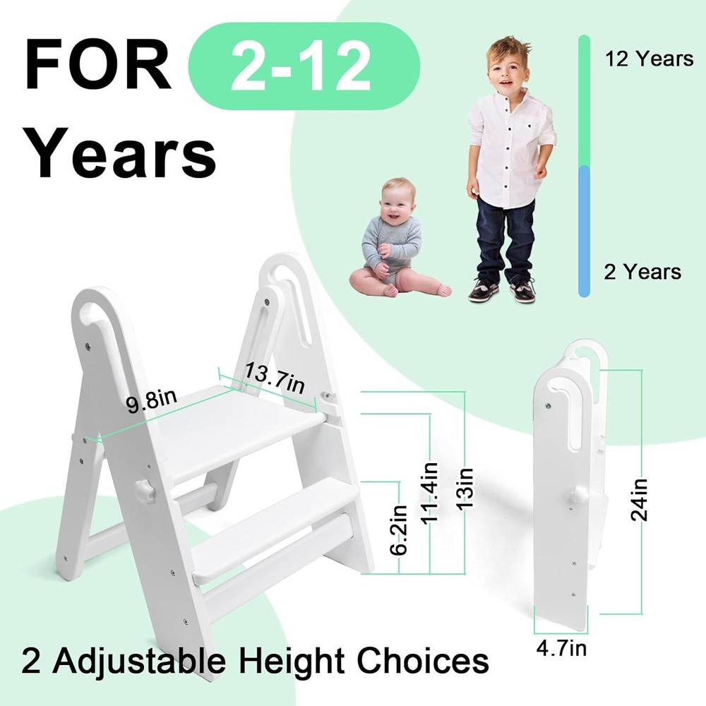 WOOD CITY Collapsible Toddler Step Stool Adjustable 2 Step Stool (White)
