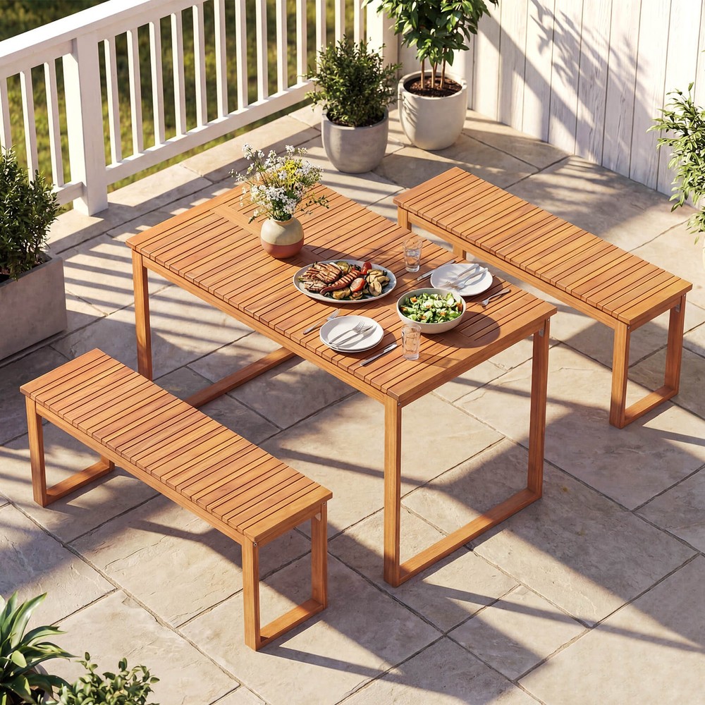 Outdoor Acacia Wood Dining Table, Rectangular Patio Table w/Slatted Tabletop