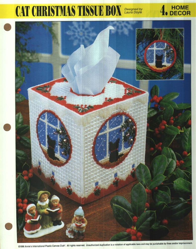 NEW CAT CHRISTMAS TISSUE BOX COVER ANNIE'S PLASTIC CANVAS PATTERN INSTRUCTIONS