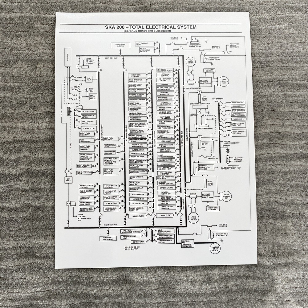 Super King Air 200 Fuel System Schematic & Electrical System on Laminated Cards