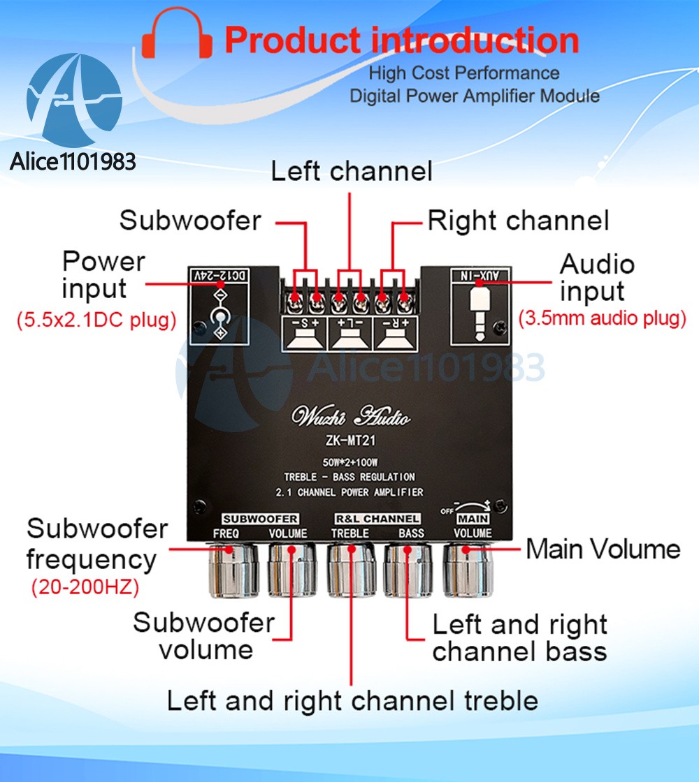 ZK-MT21 2.1Channel Bluetooth Audio Power Amplifier Board Subwoofer 50W*2+100W US