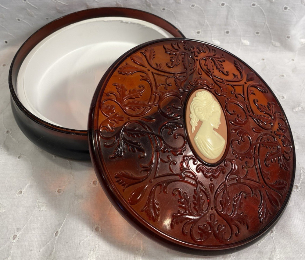 Vintage Avon Plastic Brown Cameo Box with Original Powder Liner Insert EUC