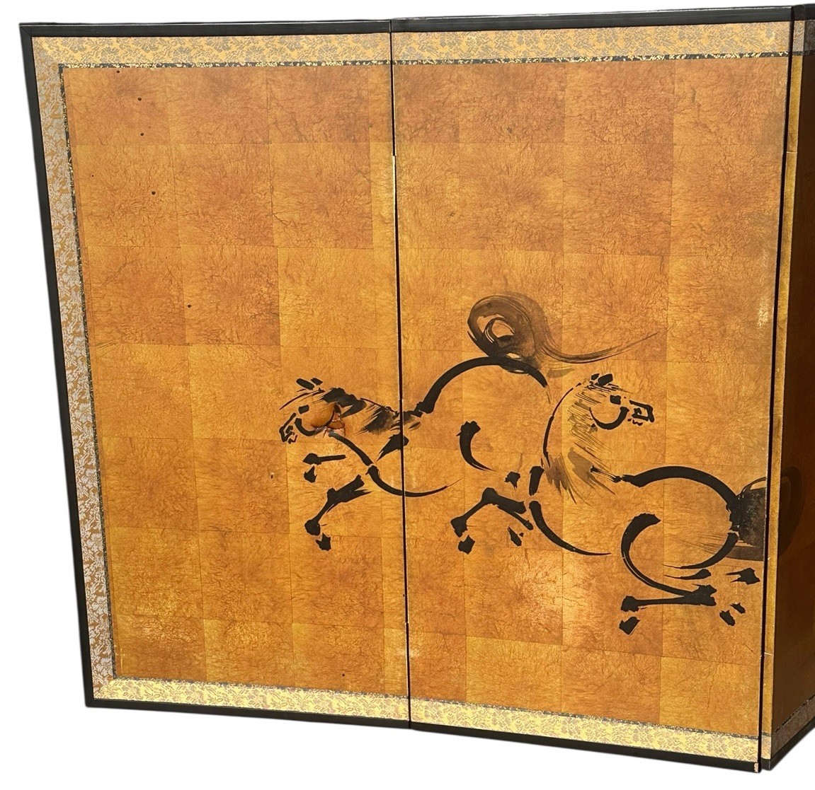 Byobu Horse Art Folding Screen Asian Ink Painted Spirited Horses 4 Panel