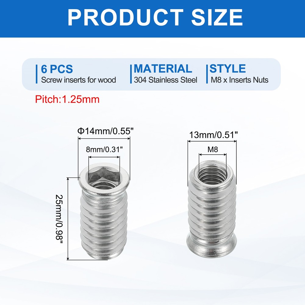 6Pcs Threaded Inserts Nuts, M8x25mm Hex Socket Drive Nut Inserts for Wood