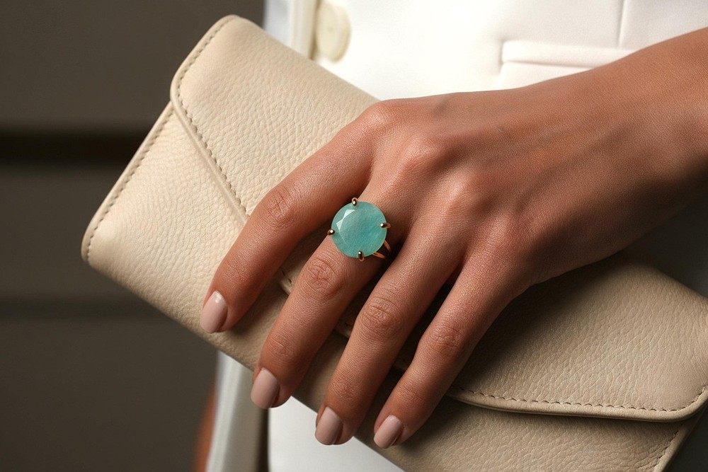 Amazonite Ring Anemone Jewelry 14k Gold Round Cut Solitaire Statement