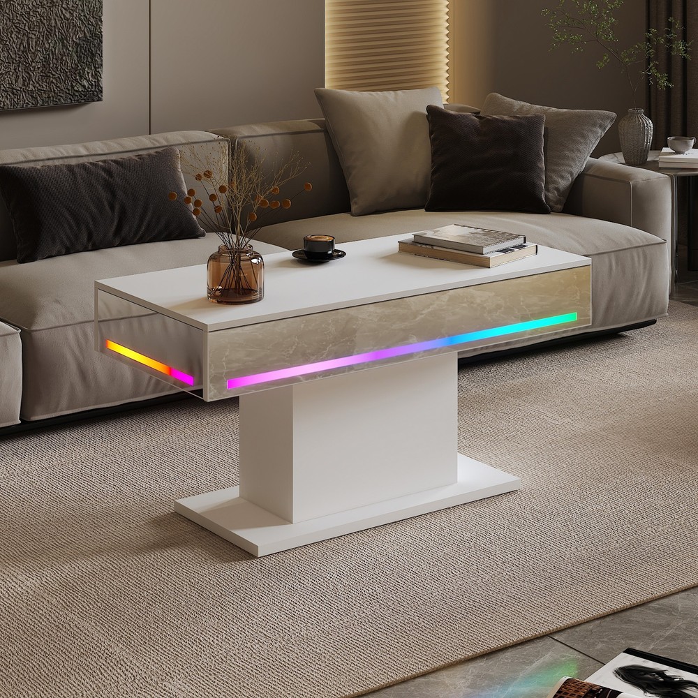 Led Coffee Table with 16 Colors LED Lights Living Room Rectangular Center Table