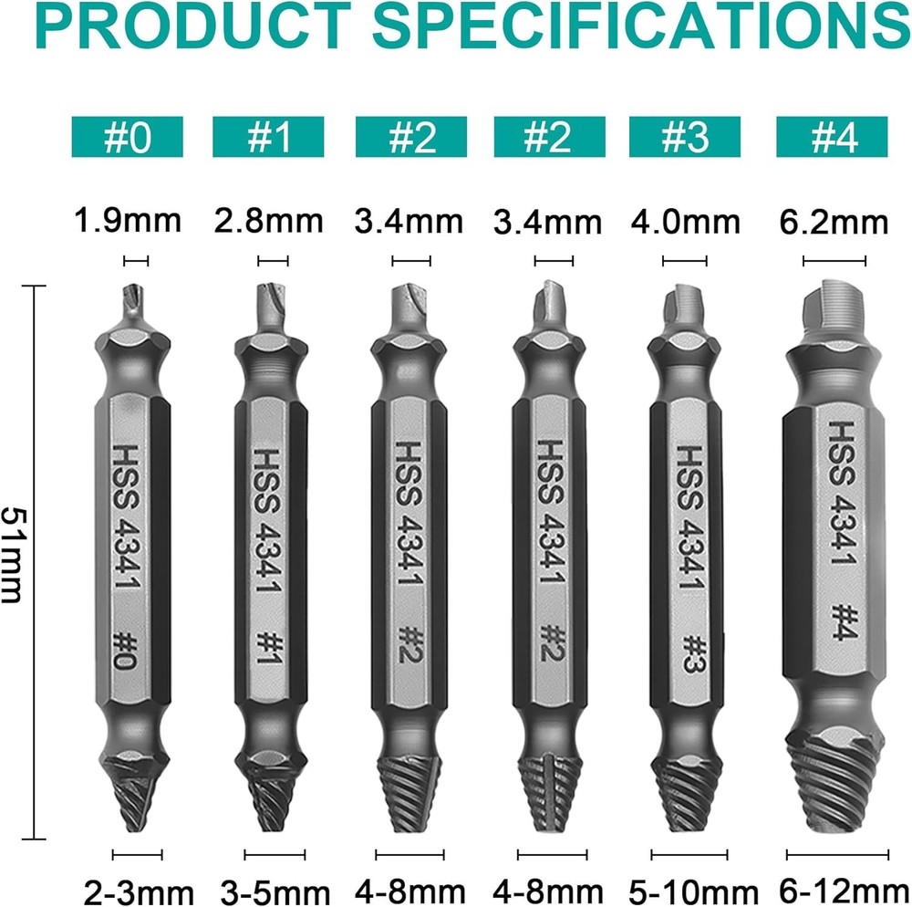 6PCS Damaged Screw Extractor Set for Rusty & Broken Screws Removal