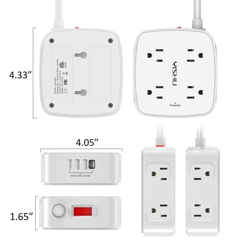 6FT Surge Protector Power Strip - 8 Outlets, 4 USB, Flat Plug, Wall Mountable