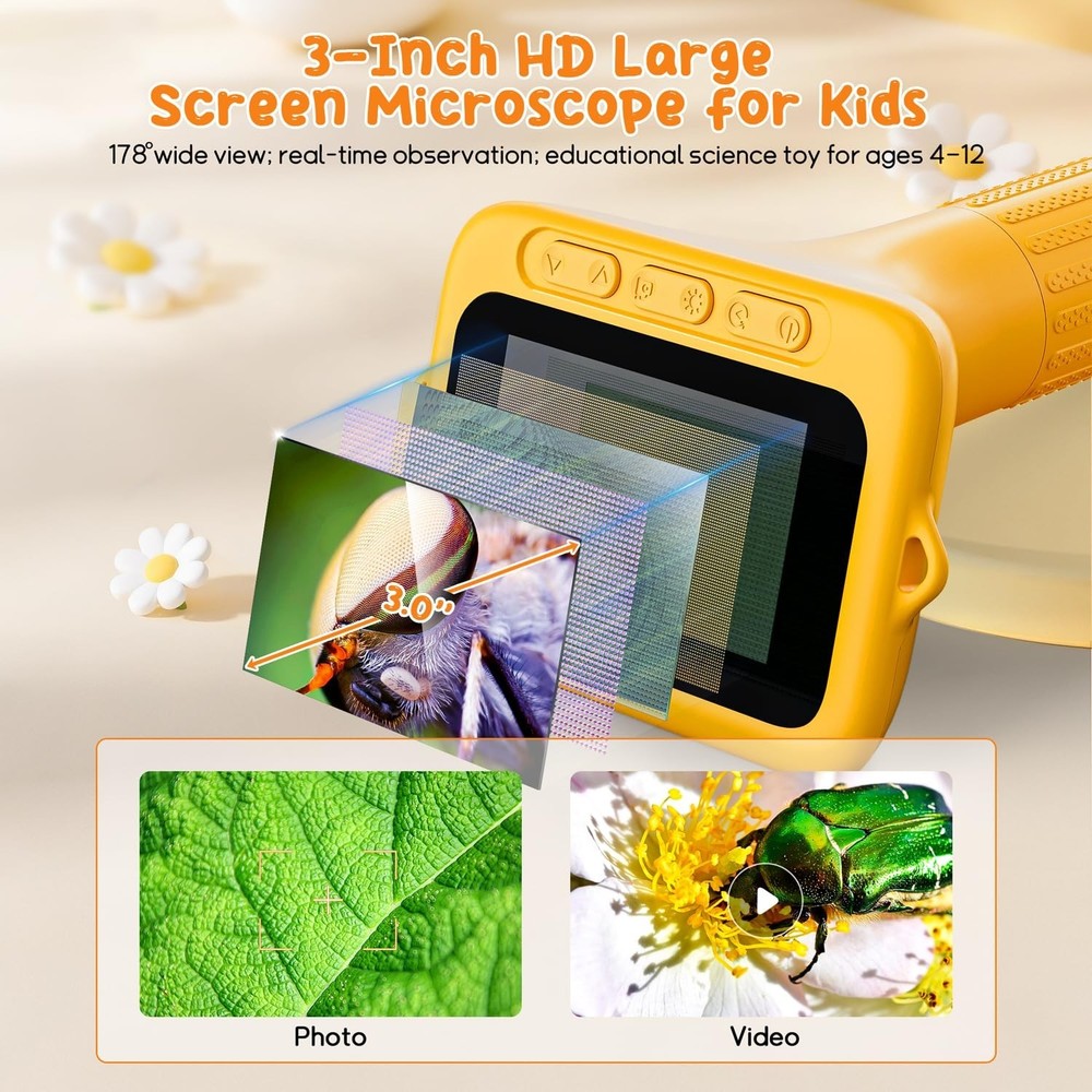 Digital Microscope for Kids, 3" Screen 1000X Handheld Microscope HD Pocket Po...