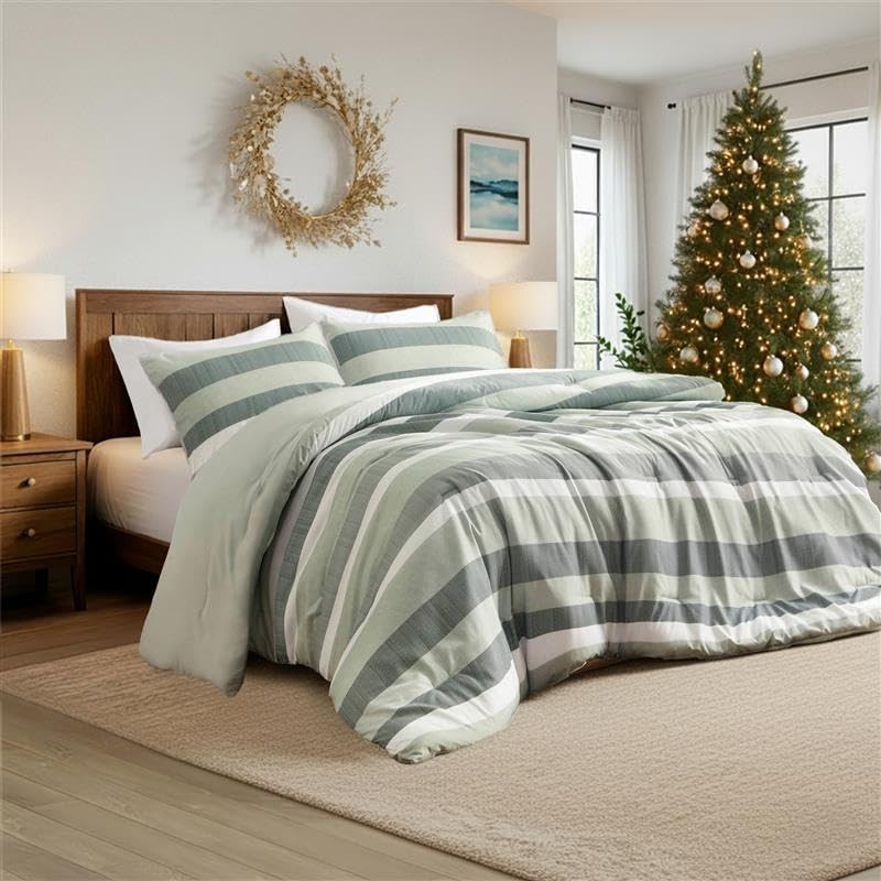 Comforter Set, 3 Pieces Striped Bed Set, Soft Brushed Microfiber King Sage