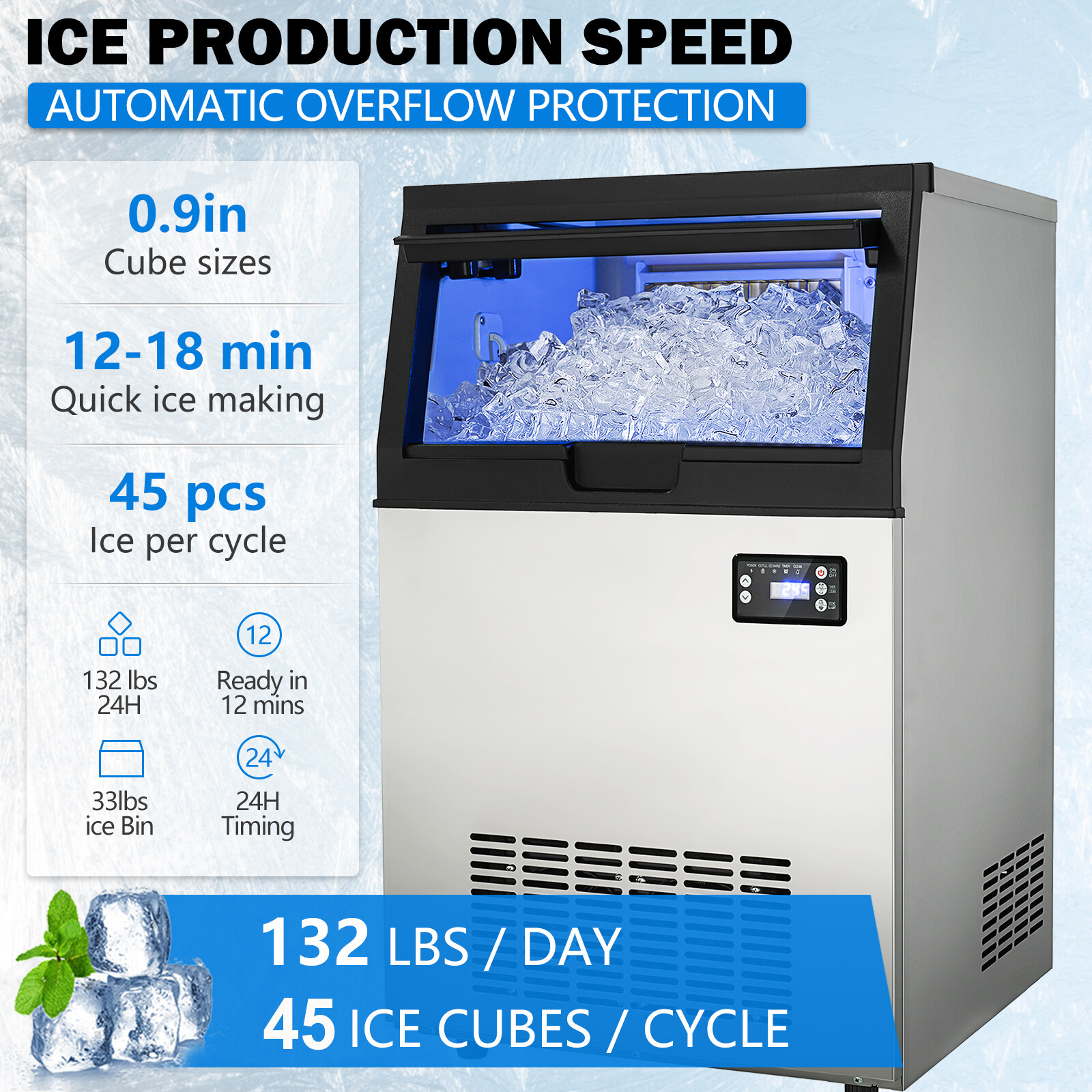 132Lbs Commercial Ice Maker Built-in Ice Cube Machine 33Lbs Storage Undercounter