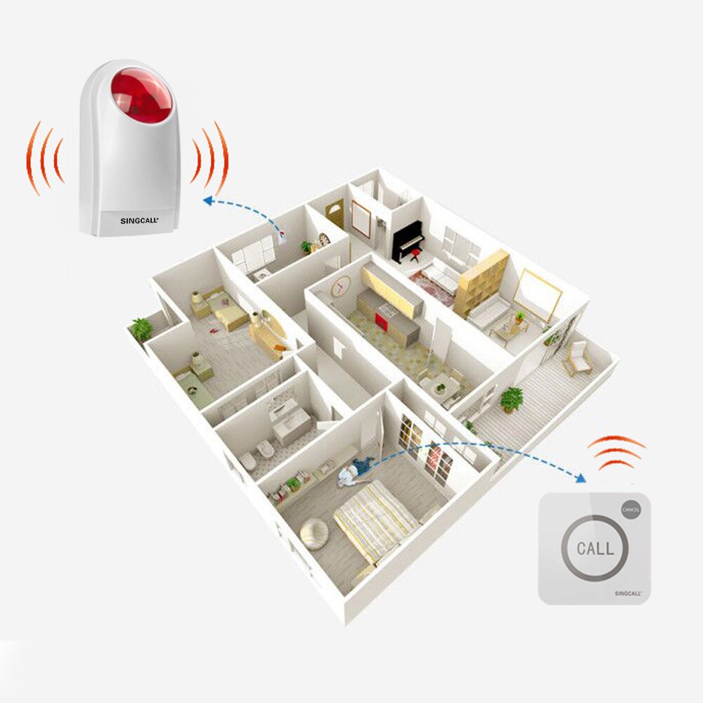 SINGCALL Wireless 2 Pcs Sound Strobe Flash Siren Security System with 4 Pagers