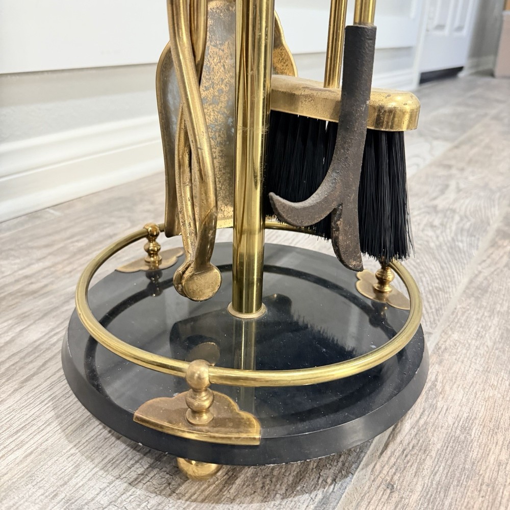 VTG Black Marble Handles And Base Brass Fireplace Tool Set