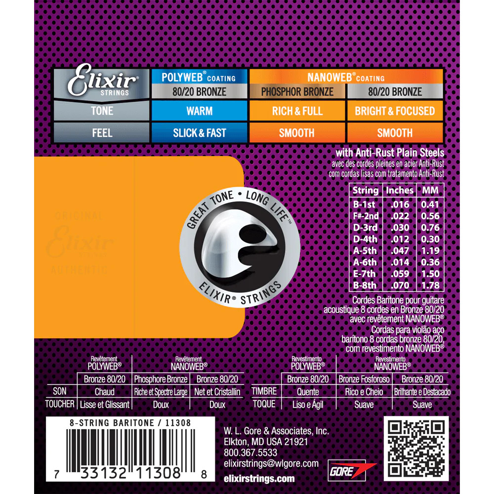 Elixir NANOWEB 80/20 Bronze Acoustic — 11308 8-String Baritone .016-.070