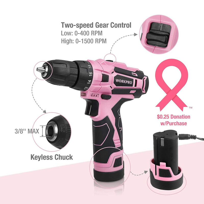 WORKPRO Pink Cordless Drill Driver Set, 12V Electric Screwdriver Driver Tool Kit