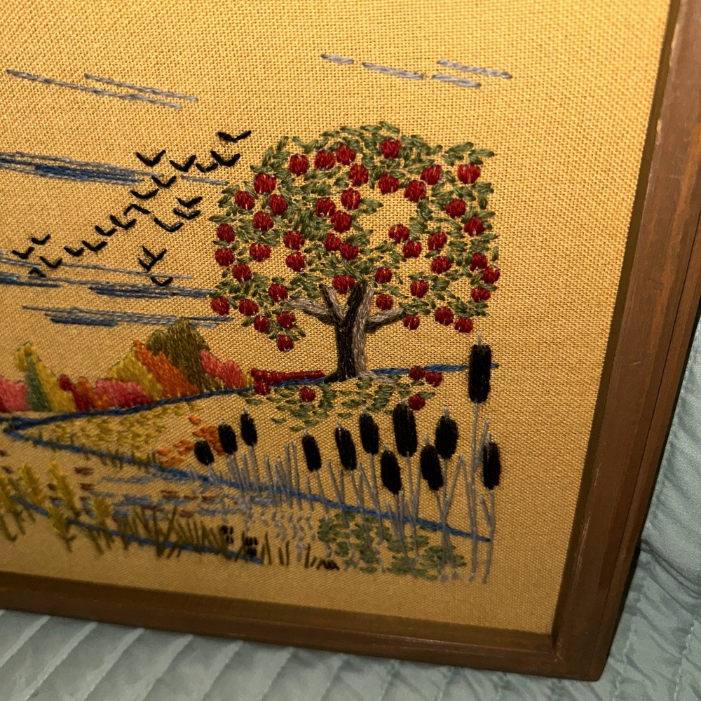 Vintage Hand-Stitched Framed Barn And Apple Tree Wall Art