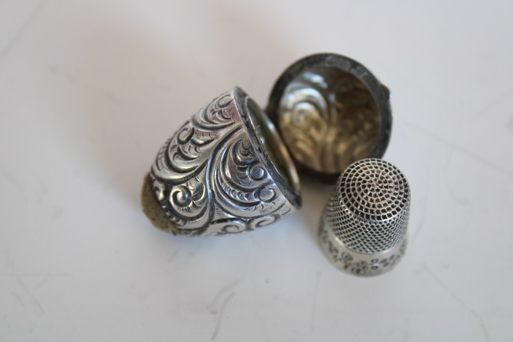 Antique Sterling Silver Repousse Sewing Chatelaine Egg Thimble Case & Pincushion