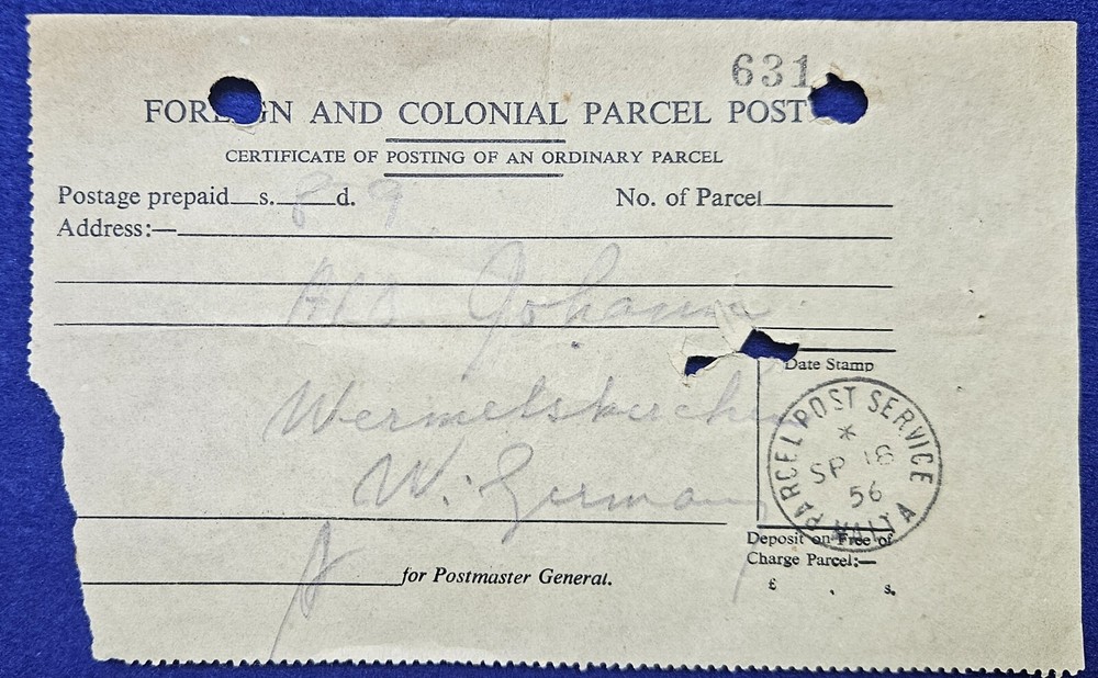 1956 Malta, Foreign & Colonial Parcel Post, Certificate Of Posting, Signed PM.G.