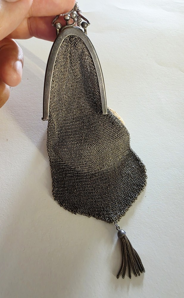 Antique Solid Silver 800 German Small Mesh Handbag Purse with Mesh Handle Strap.
